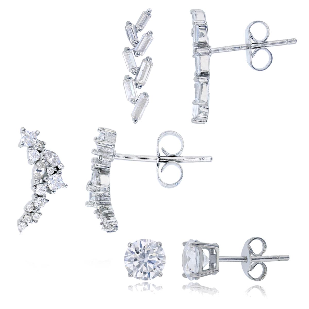 Sterling Silver Rhodium Baguette CZ, Multi-Cut CZ Ear Crawlers & 6mm Round Solitaire Stud Earring Set