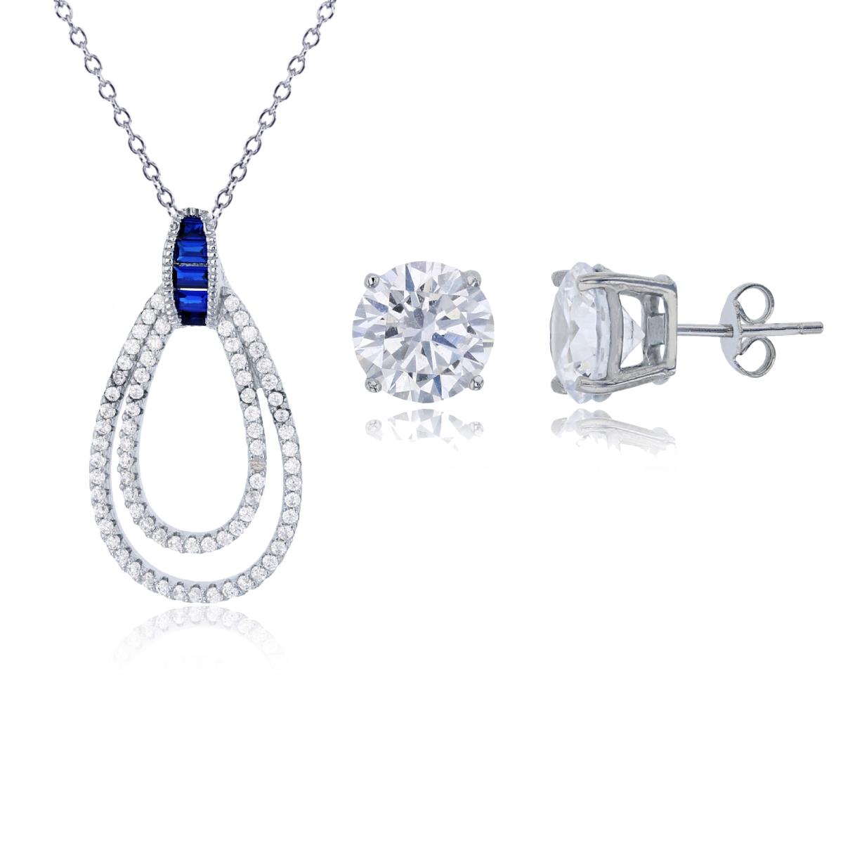 Sterling Silver Rhodium 28x15mm Micropave Double Open Pear Shape Sapphire Baguette Bail 18"+2" Necklace & 8mm Rd Solitaire Earring Set