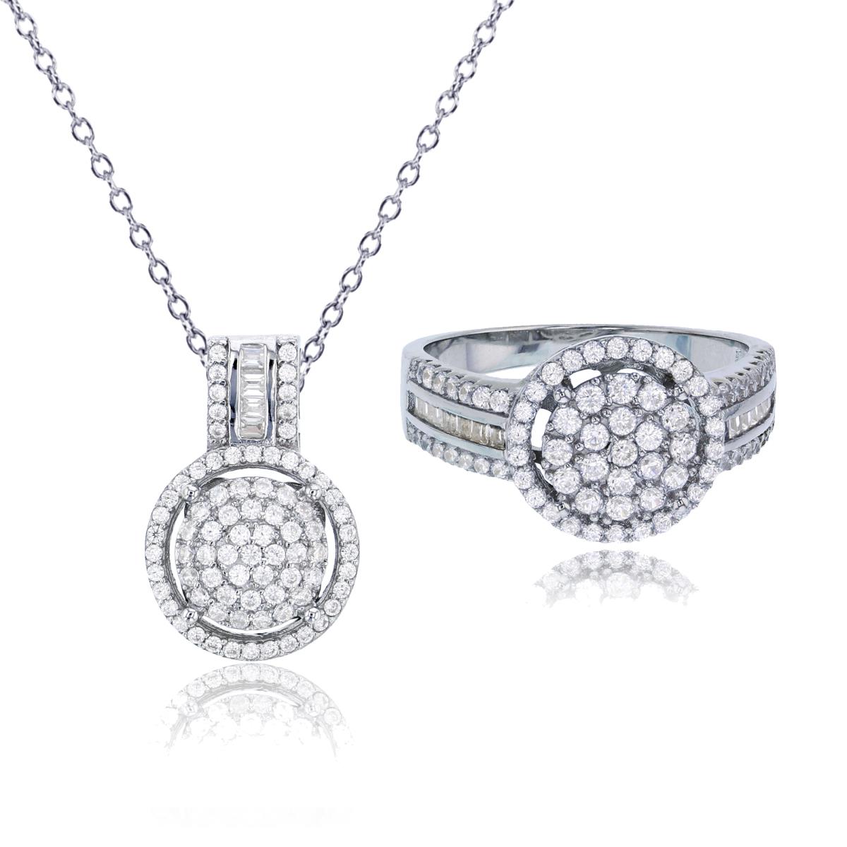 Sterling Silver Rhodium Micropave Rd & Baguette CZ Circle 18" Necklace & Ring Set