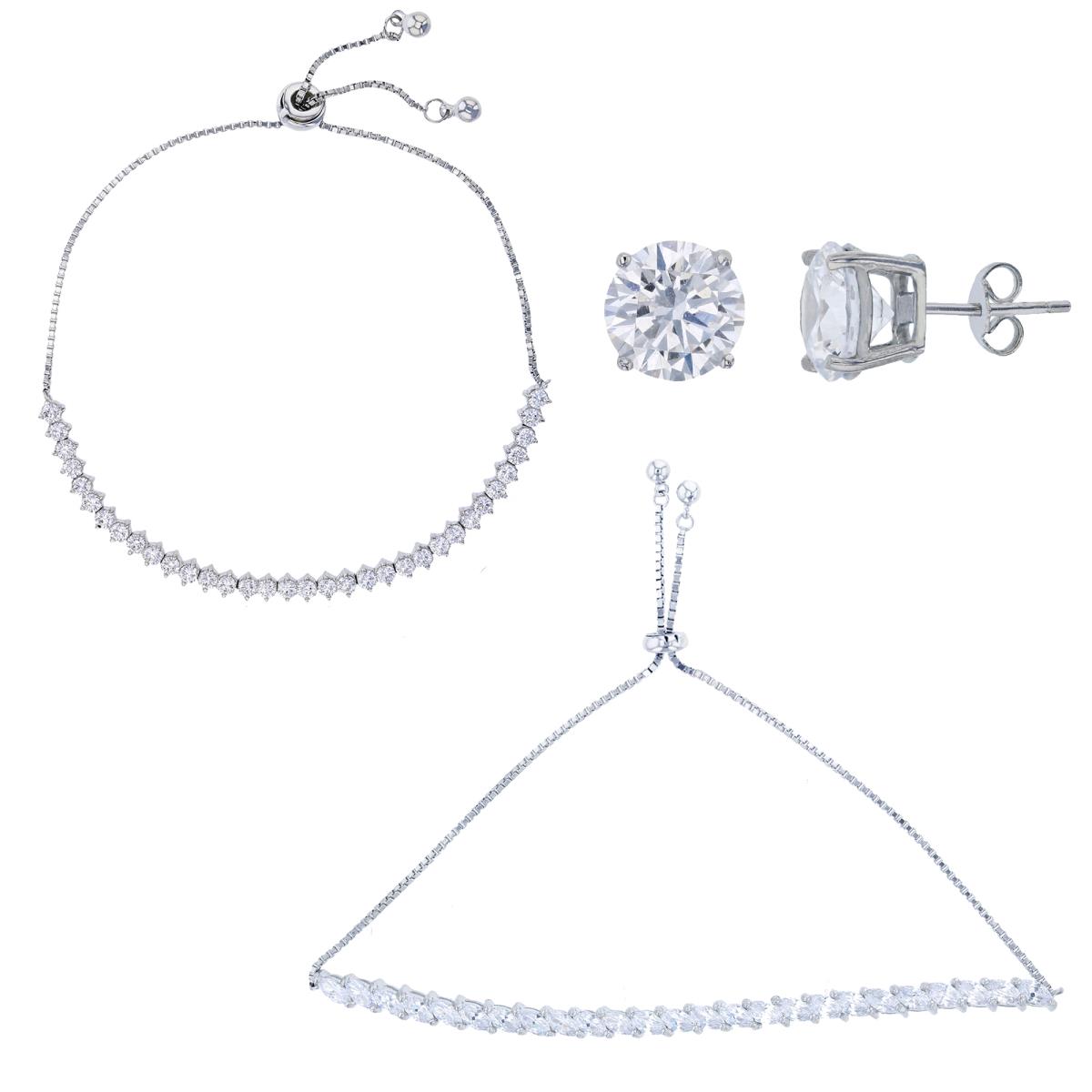 Sterling Silver Rhodium Tilted Marquise Cut CZ, Round Cut CZ Adjustable Bracelets & 8mm Rd Cut Solitaire Stud Earring Set