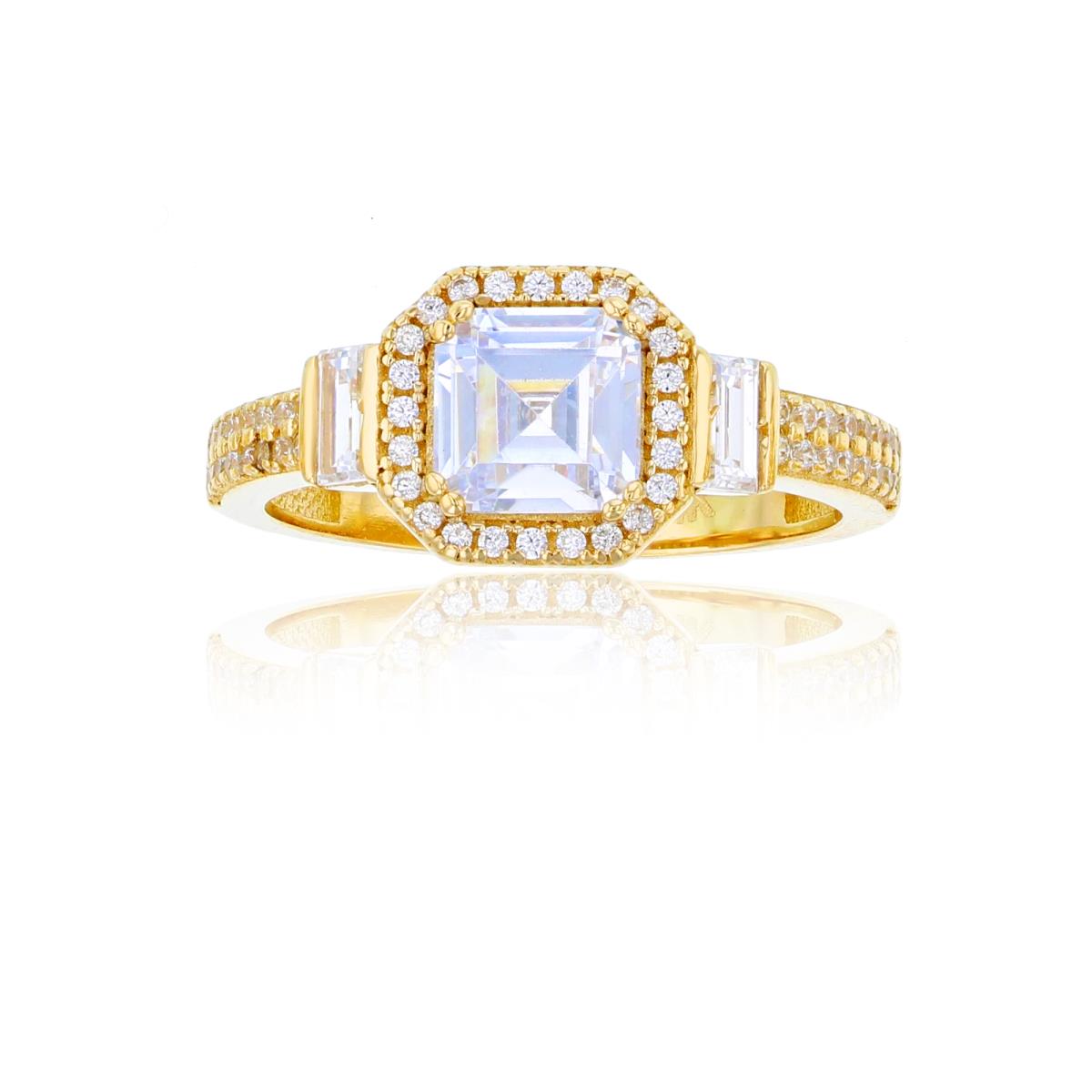 14K Yellow Gold 6mm Asscher Cut CZ Halo Baguette Sides & Micropave Fashion Ring