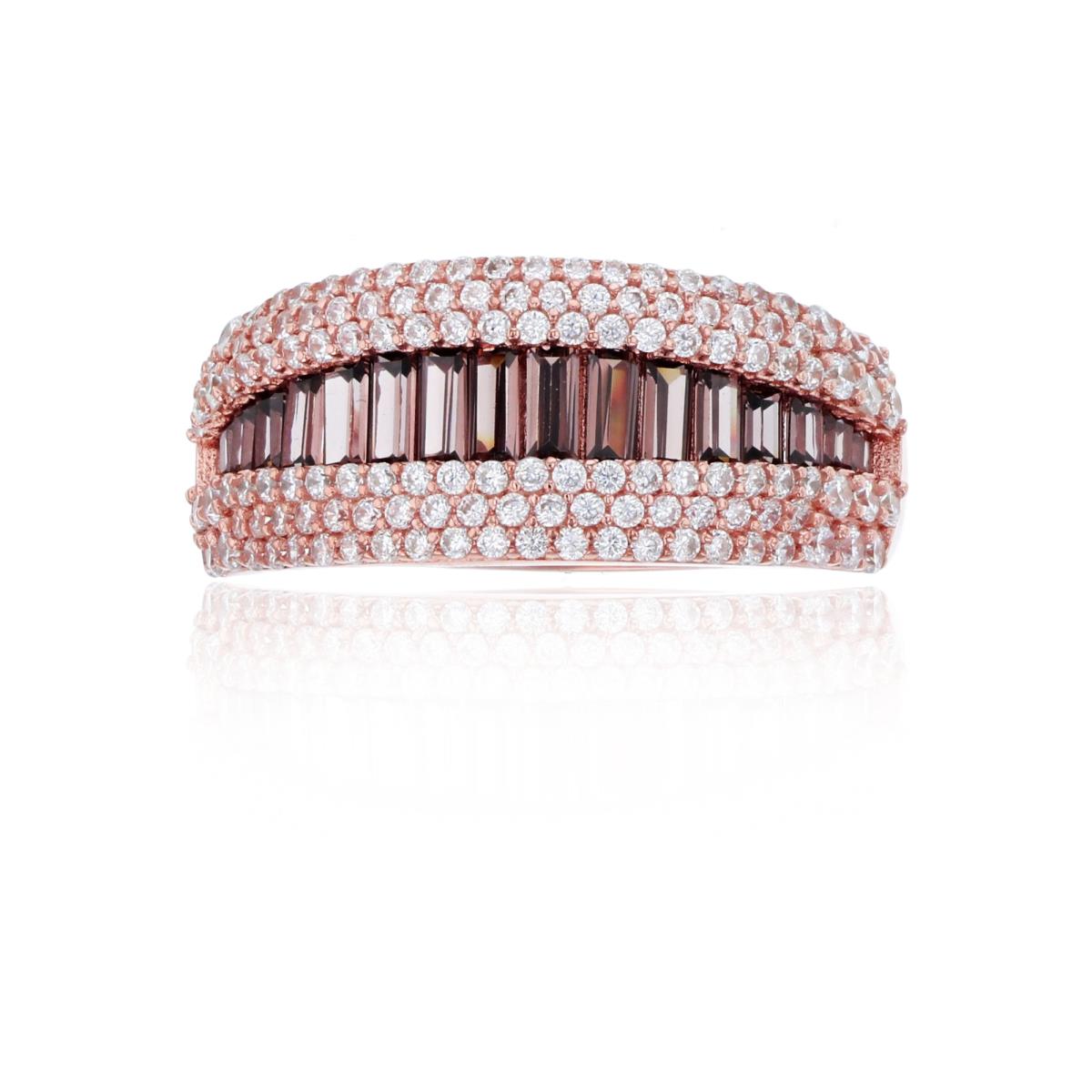 Sterling Silver Rose 1-Micron Micropave White Rd Cut & Brown Baguette CZ Graduated Fashion Ring