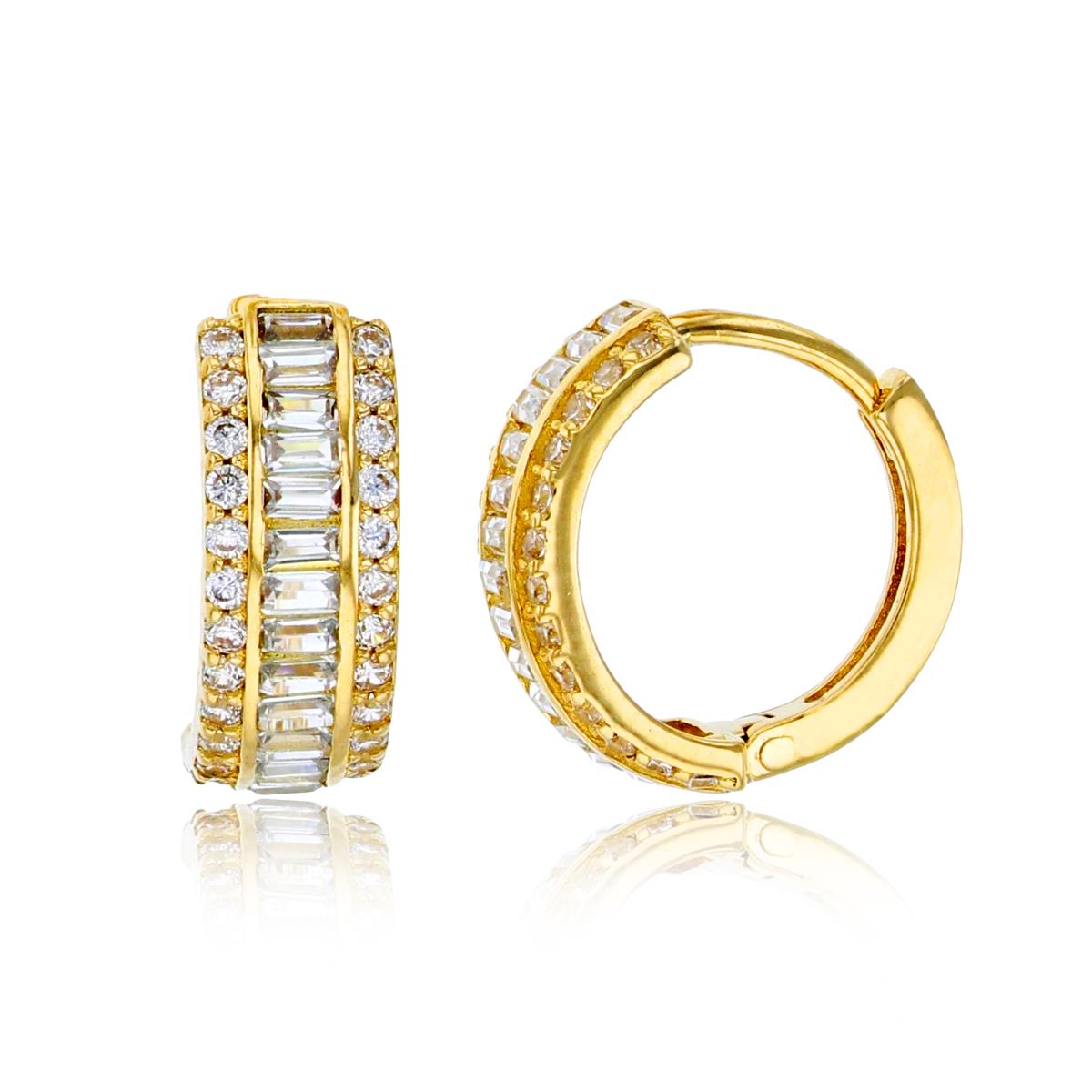 14K Yellow Gold 13x5mm Round Cut & Baguette CZ Huggie Earring