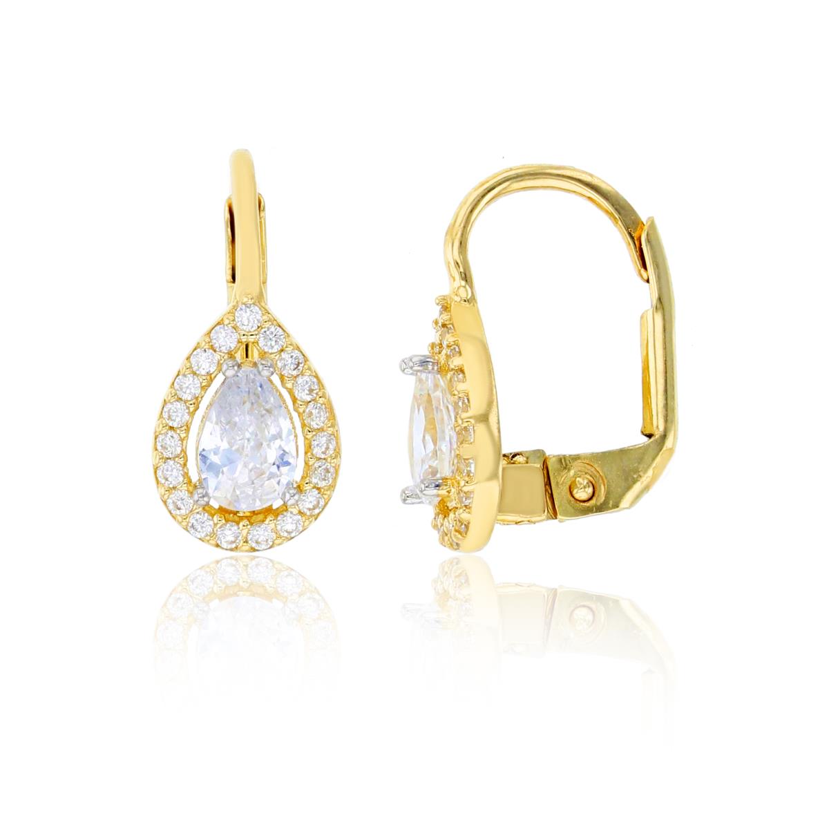 14K Yellow Gold 6x4mm Pear Cut CZ Halo Lever-Back Earring