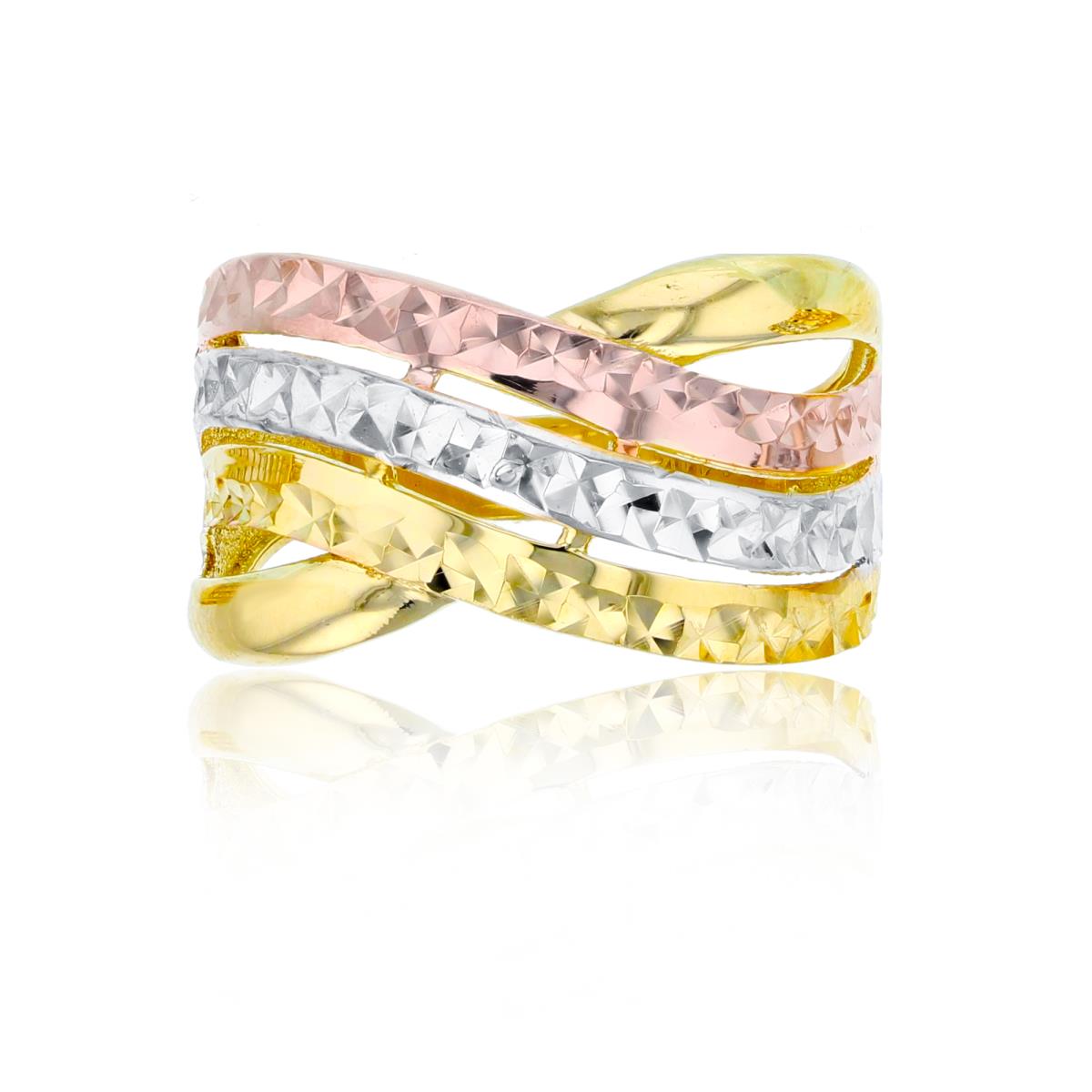 10K Tri-Color Gold 4-Row Diamond Cut & Polished Criss Cross Fashion Ring