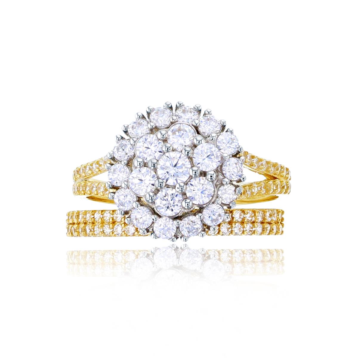 10K Yellow Gold Micropave Rd Cluster 12mm Circle Engagement Ring & Micropave Band Duo