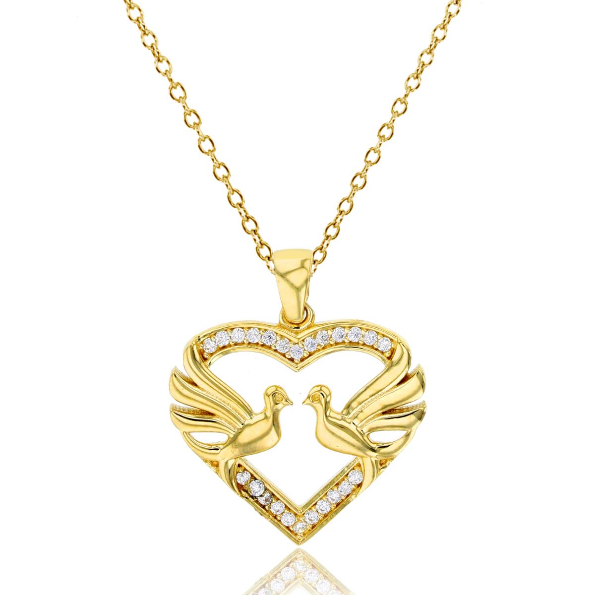 14K Yellow Gold Polished & CZ Dove Heart 18" Necklace
