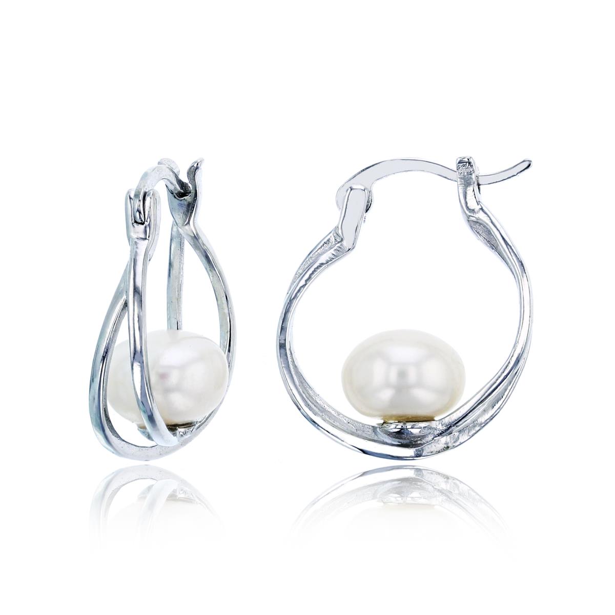 Sterling Silver Rhodium Fresh Water Pearl Hoop Earring