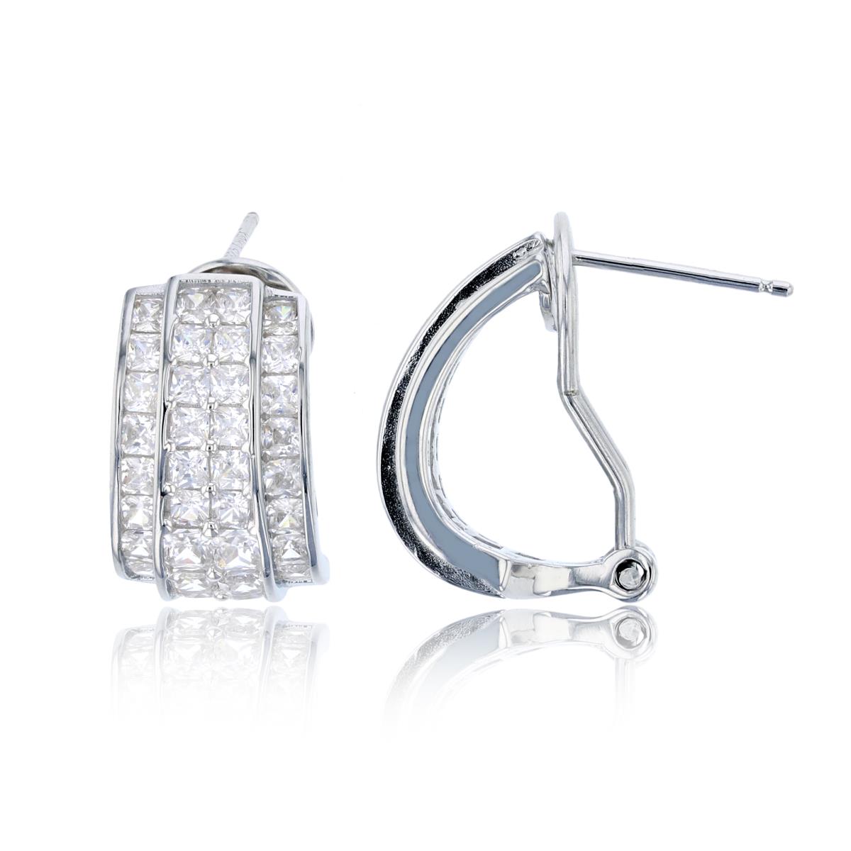 Sterling Silver Rhodium Princess Cut CZ Omegaback Hoop Earring