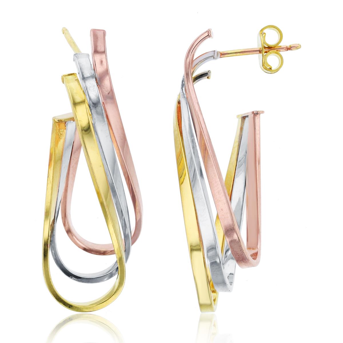 10K Tri-Color Gold 38x8mm High Polished Graduated 3-Strand Open Hoop Earring