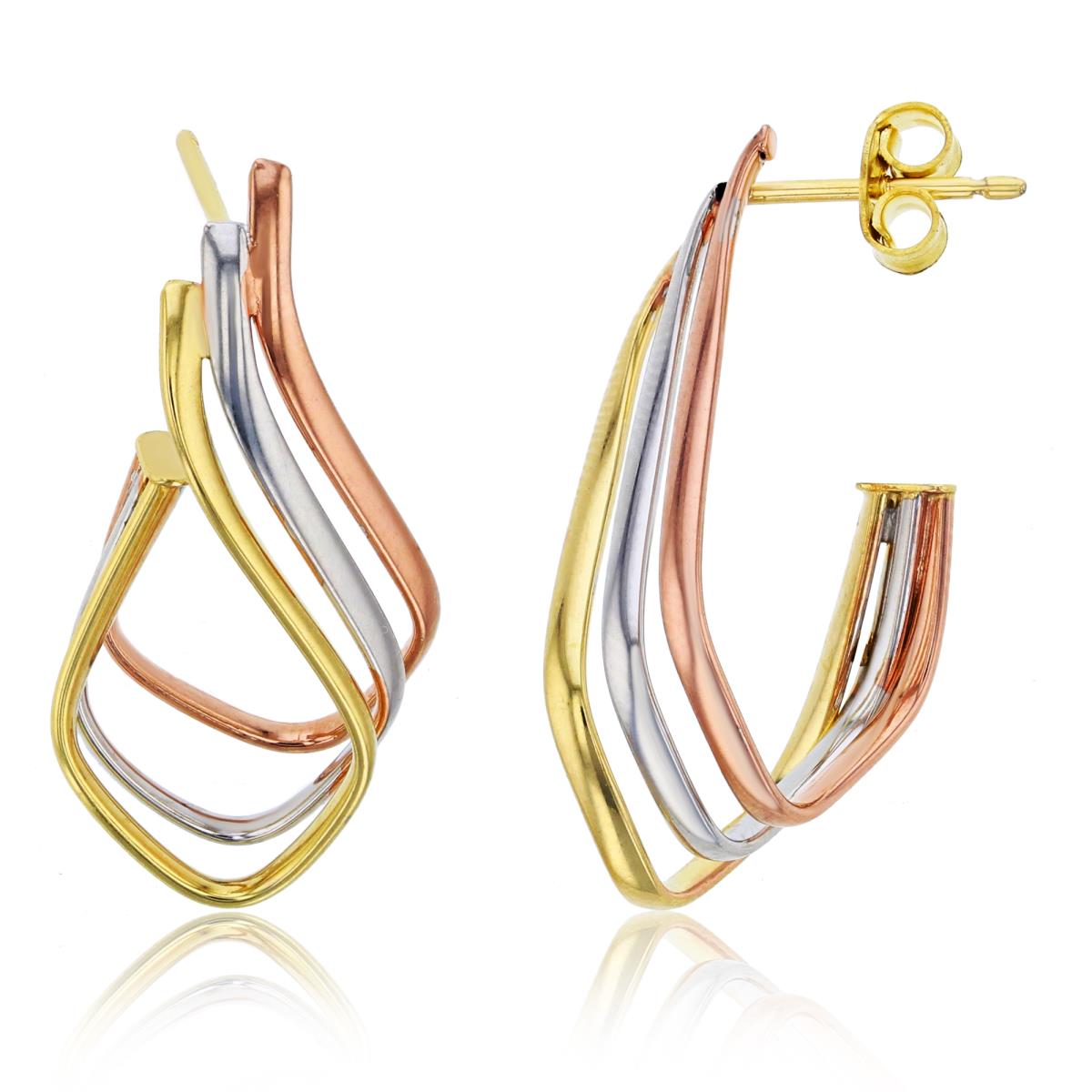 10K Tri-Color Gold 3-Strand Split Twisted Pointed Open Hoop Earring