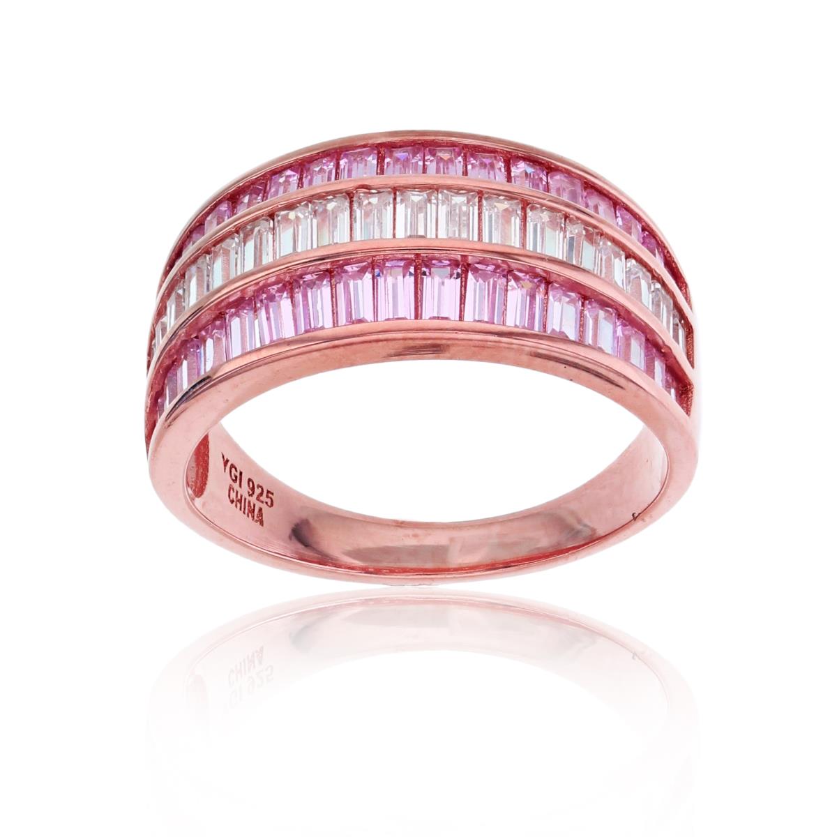 Sterling Silver Rose 3-Row Pink & White Baguette CZ Fashion Ring