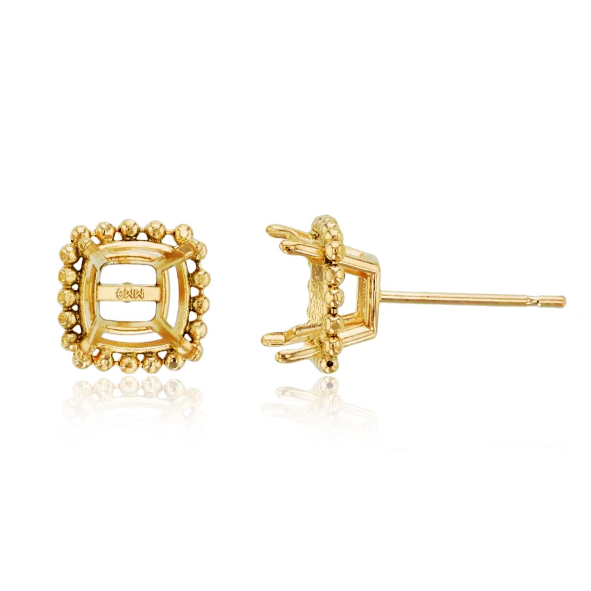 14K Yellow Gold 6x6mm Cushion 4-Prong Basket with Bead Frame Stud Earring Finding (PR)