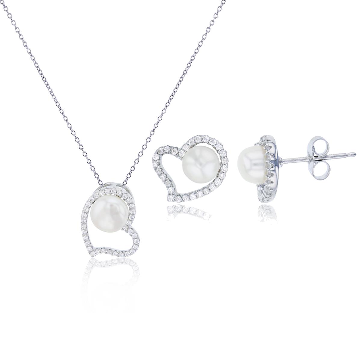 Sterling Silver Rhodium 8mm Freshwater Pearl Inside Micropave Heart 18" Necklace with Matching Earrings Set