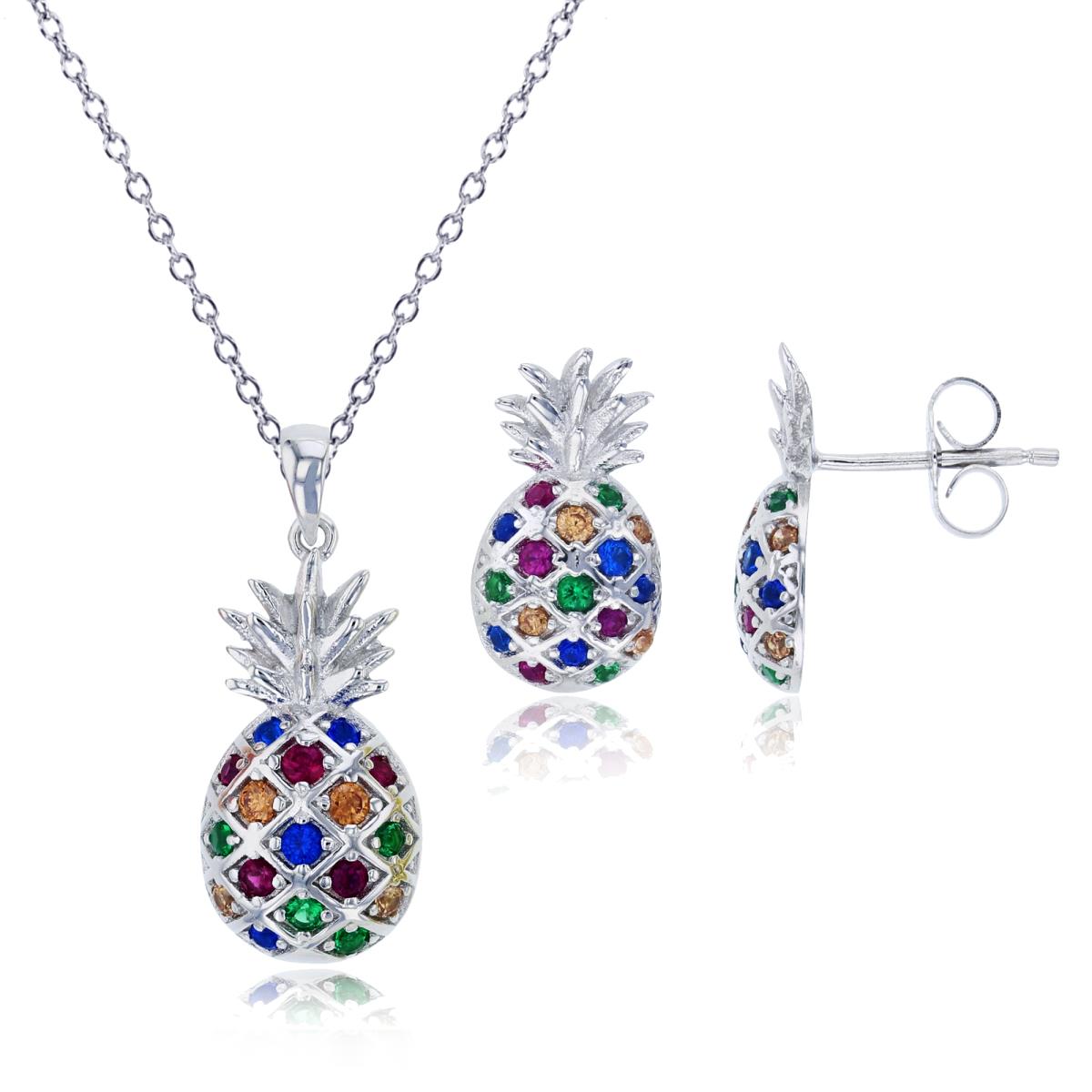 Sterling Silver Rhodium 26x11mm Multi Color Rd Cut CZ Pineapple 18" Necklace & Earring Set