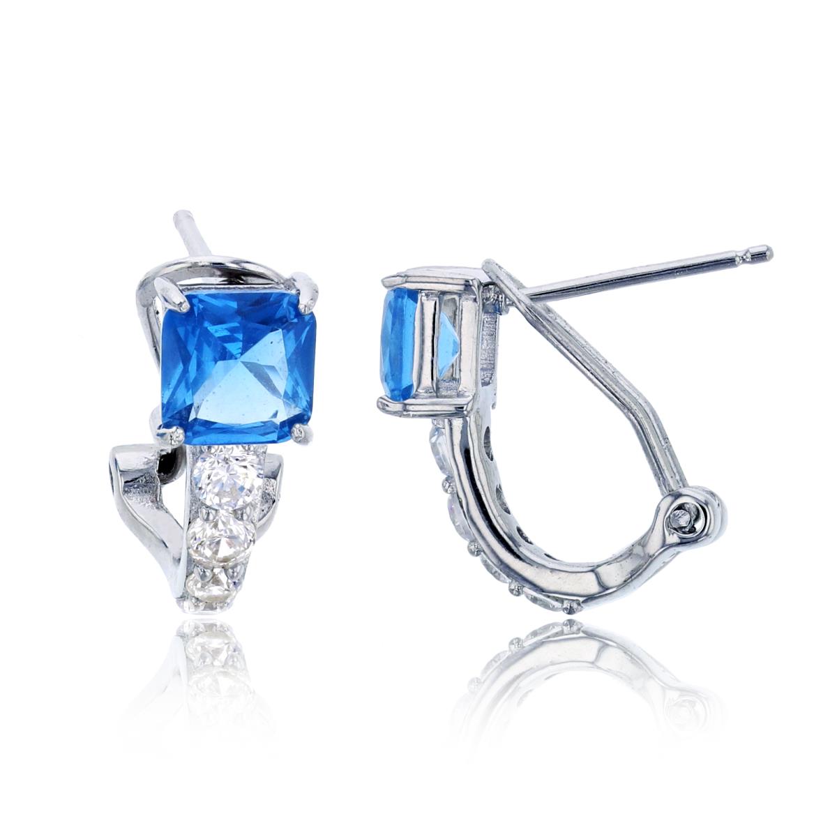 Sterling Silver Rhodium 6mm Blue Spinel Princess Cut & White Graduated Rd CZ Omega-Back Huggie Earring