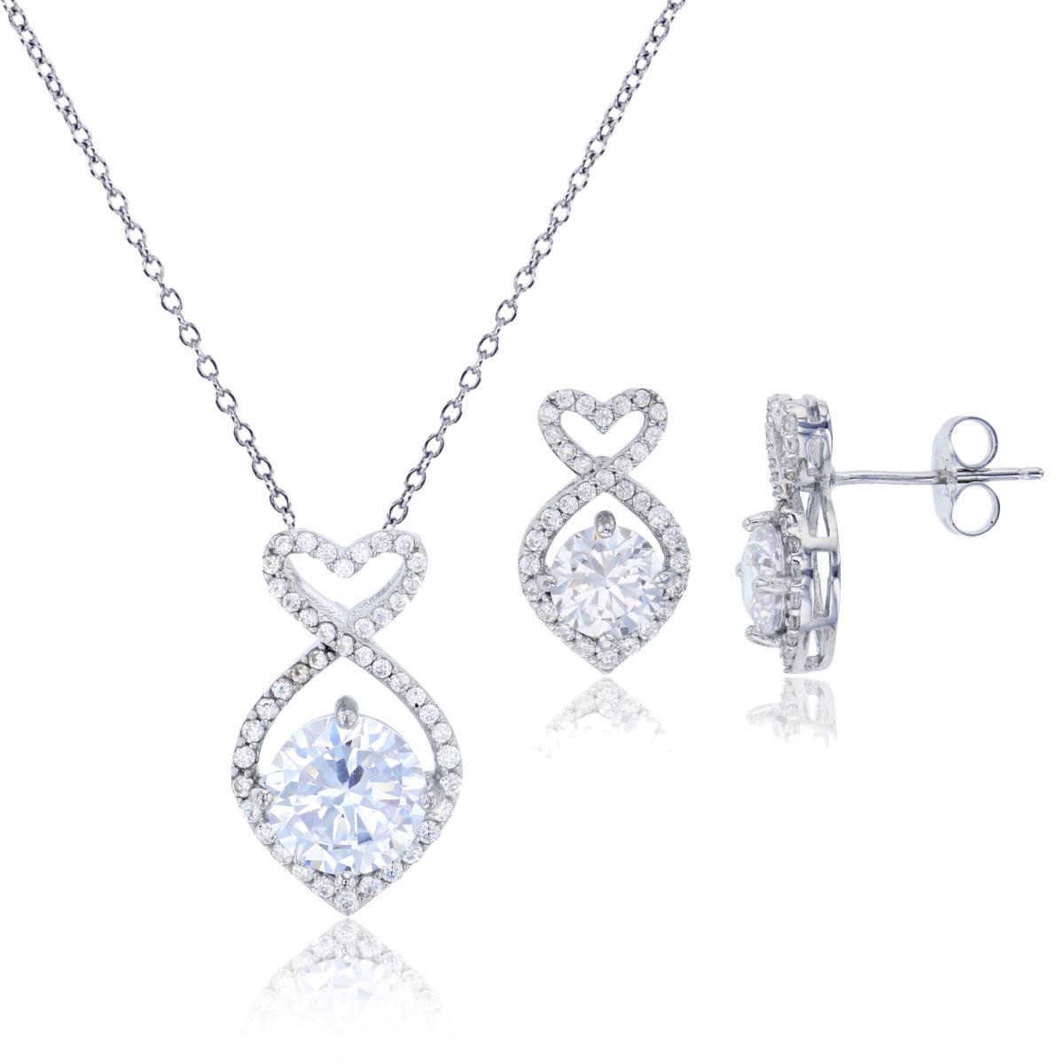Sterling Silver Rhodium 8mm Rd Cut & Micropave CZ Fish-Shaped 18" Necklace & Earring Set