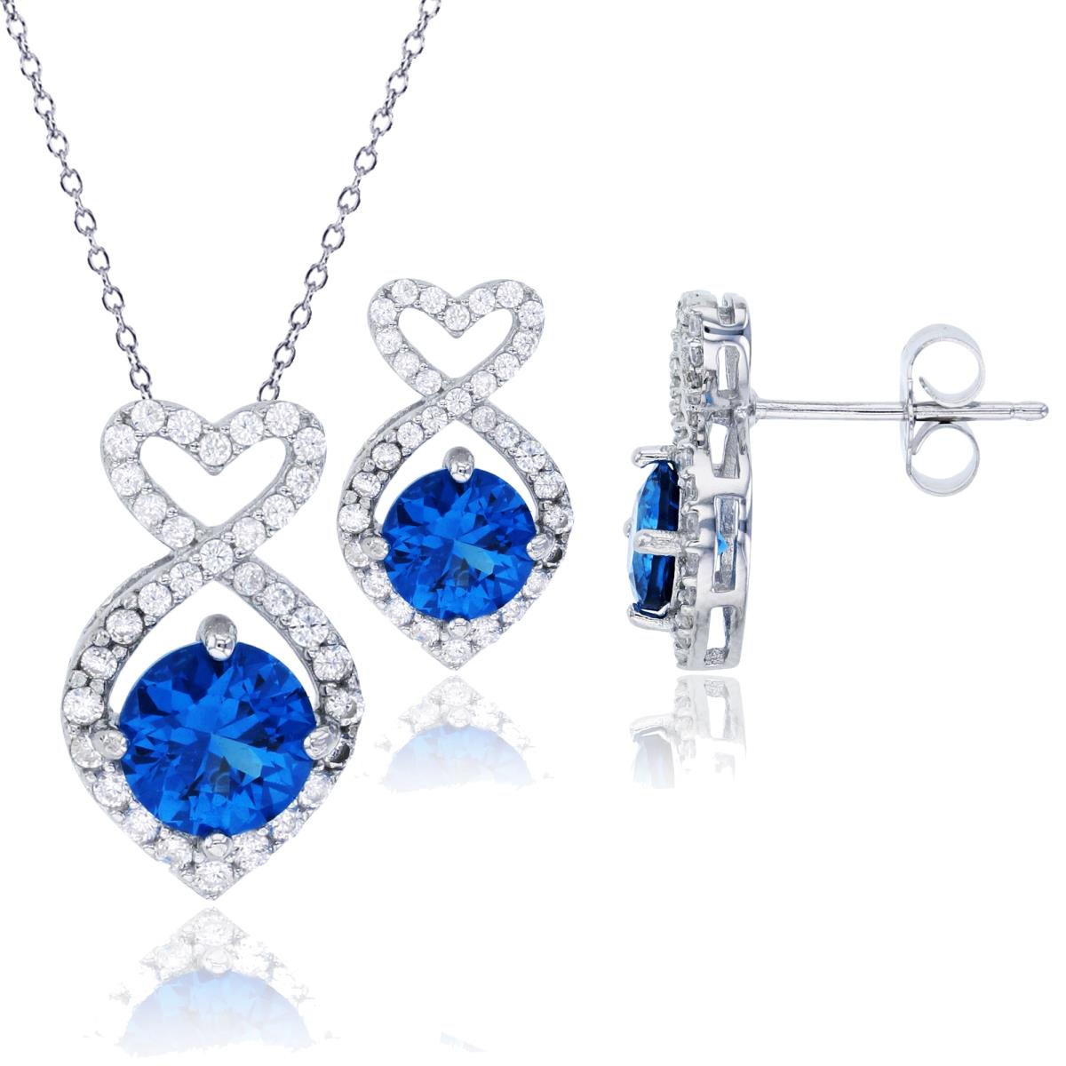 Sterling Silver Rhodium Swiss Blue 8mm Rd Cut & Micropave CZ Fish-Shaped 18" Necklace & Earring Set