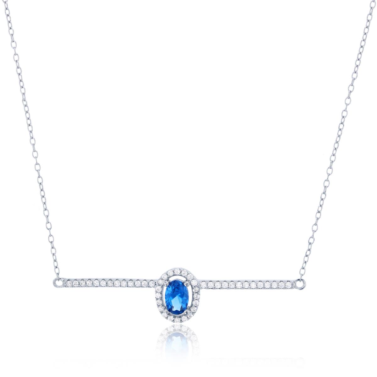 Sterling Silver Rhodium 6x4mm Swiss Blue Oval Cut & White CZ Bar 18" Necklace