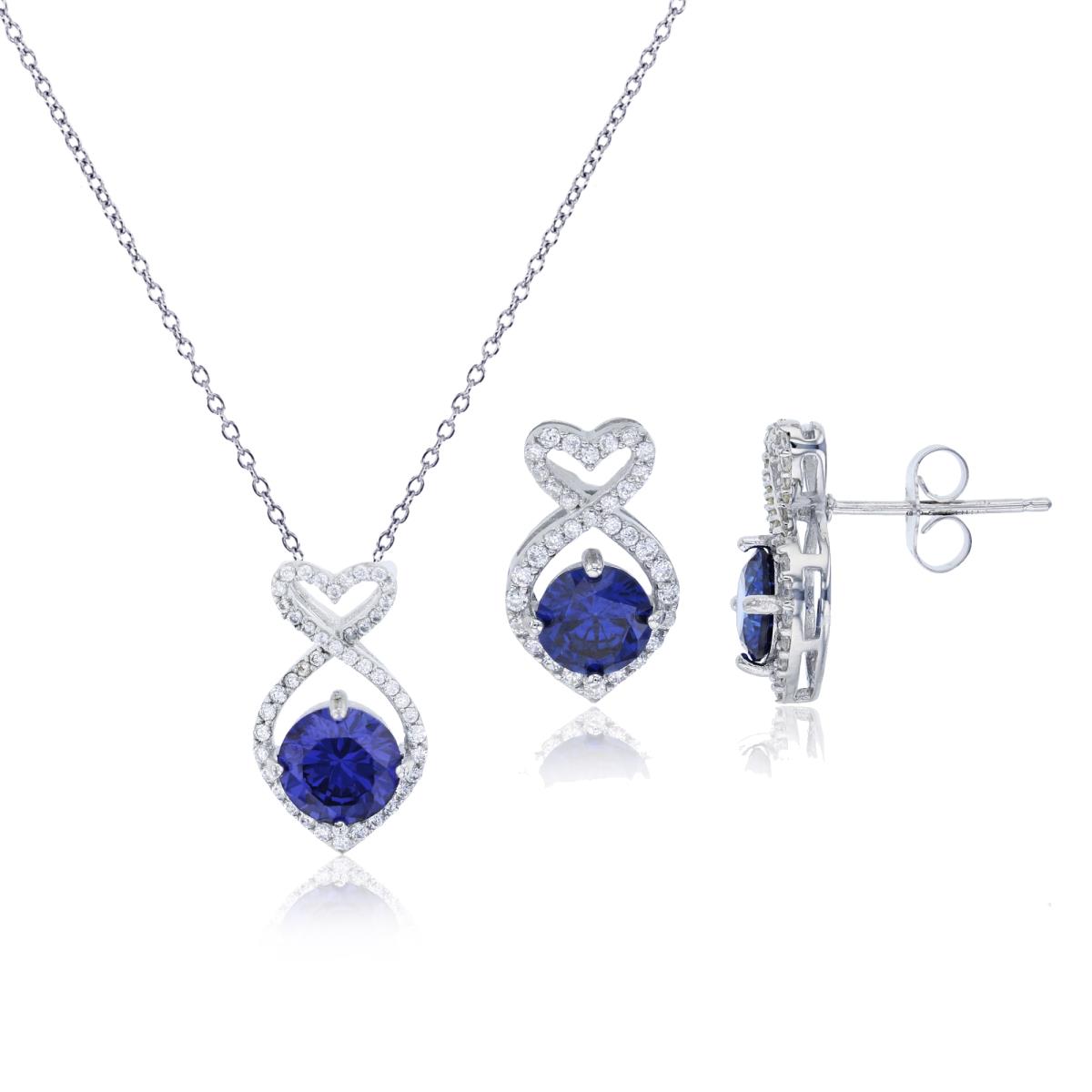 Sterling Silver Rhodium Tanzanite 8mm Rd Cut & Micropave CZ Fish-Shaped 18" Necklace & Earring Set