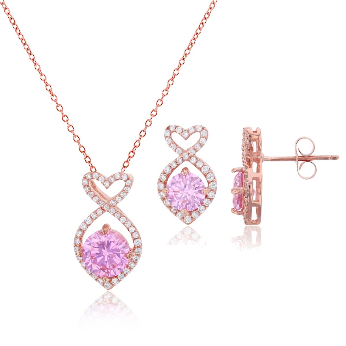 Sterling Silver Rose 8mm Pink Rd Cut & Micropave CZ Fish-Shaped 18" Necklace & Earring Set