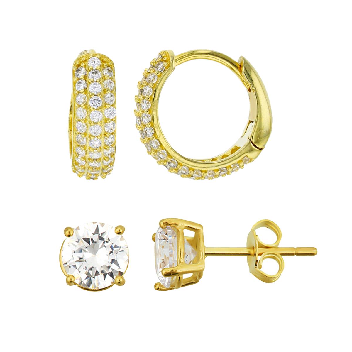 Sterling Silver Yellow 13x4mm 3-Row Micropave CZ Huggie & 6mm Rd Cut Solitaire Stud Earring Set