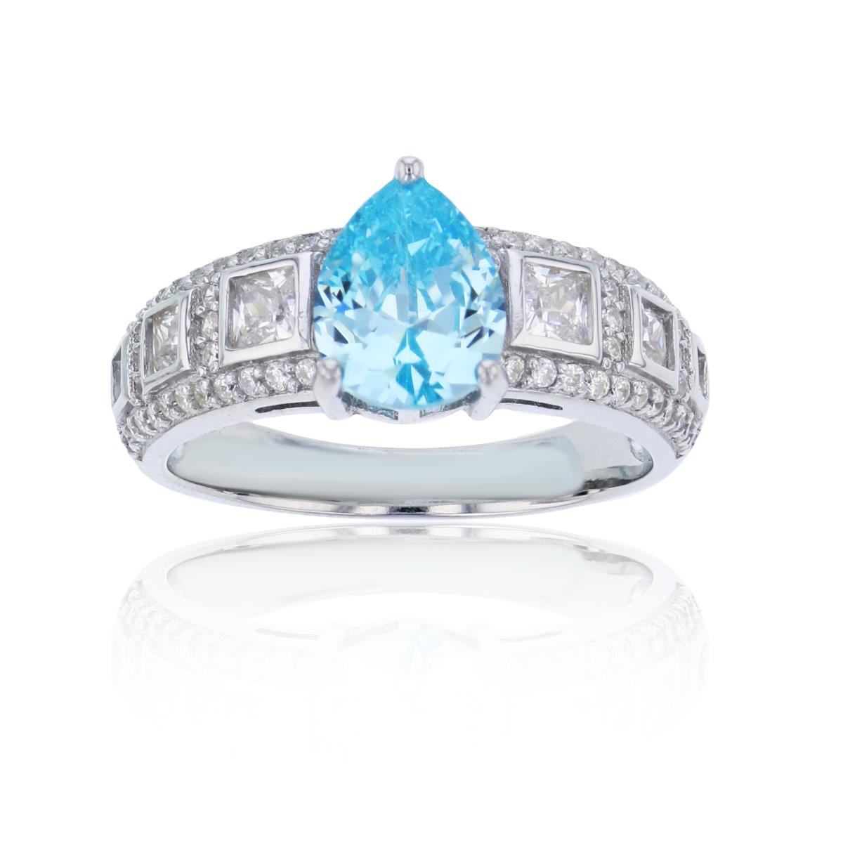 Sterling Silver Rhodium 10x7mm Sky Blue Pear Cut CZ Micropave Multi-Cut Sides Engagement Ring