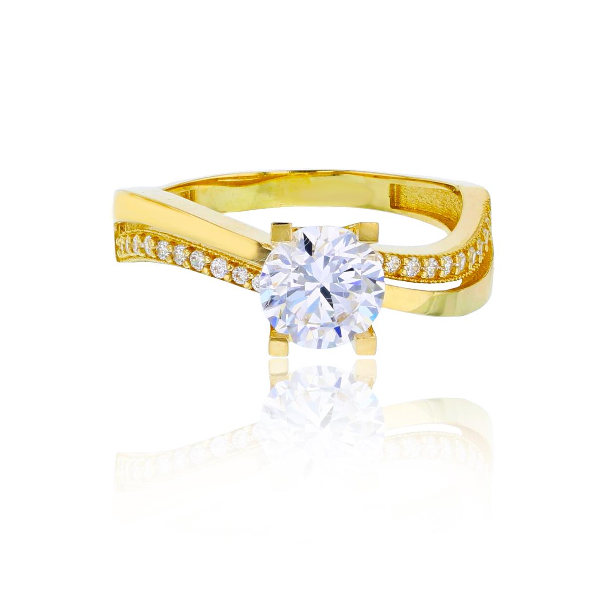 14K Yellow Gold 6.50mm Round Cut CZ 2-Row HP & Pave Wavy Engagement Ring