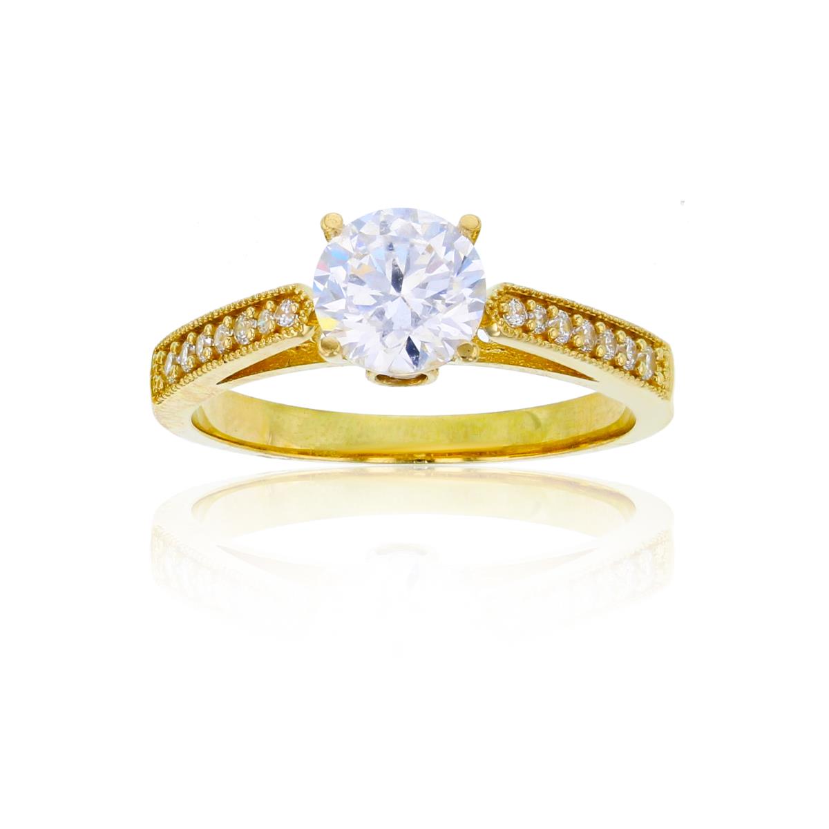 14K Yellow Gold 6.50mm Round Cut CZ Graduated Sides Cathedral Engagement Ring