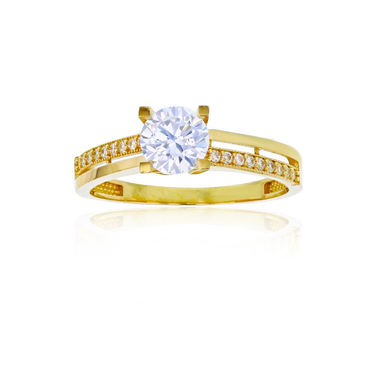 14K Yellow Gold 5.75mm Round Cut CZ 2-Row Pave & HP Sides Engagement Ring