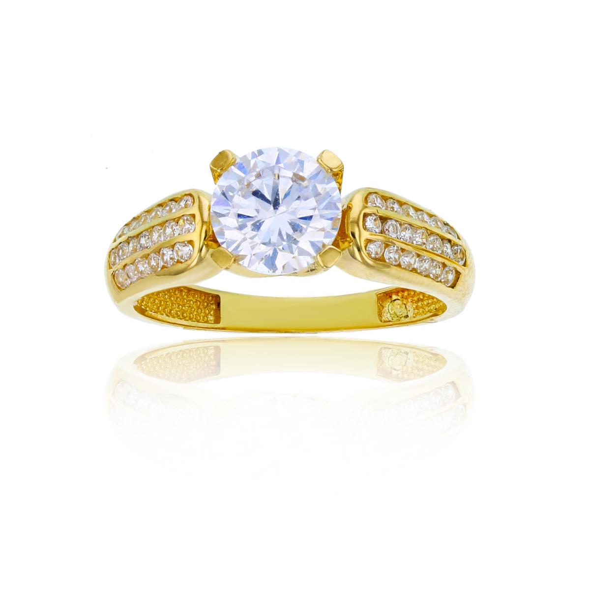 14K Yellow Gold 7mm Round Cut CZ 3-Row Pave Sides Engagement Ring
