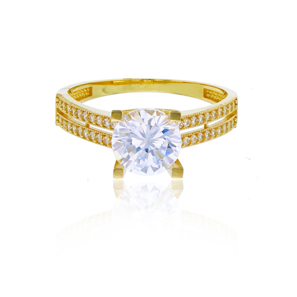 14K Yellow Gold 7.25mm Round Cut CZ 2-Row Paved Split Sides Engagement Ring