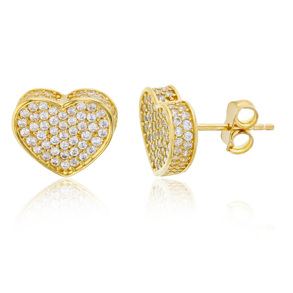 14K Yellow Gold Micropave 3D Heart Stud Earring