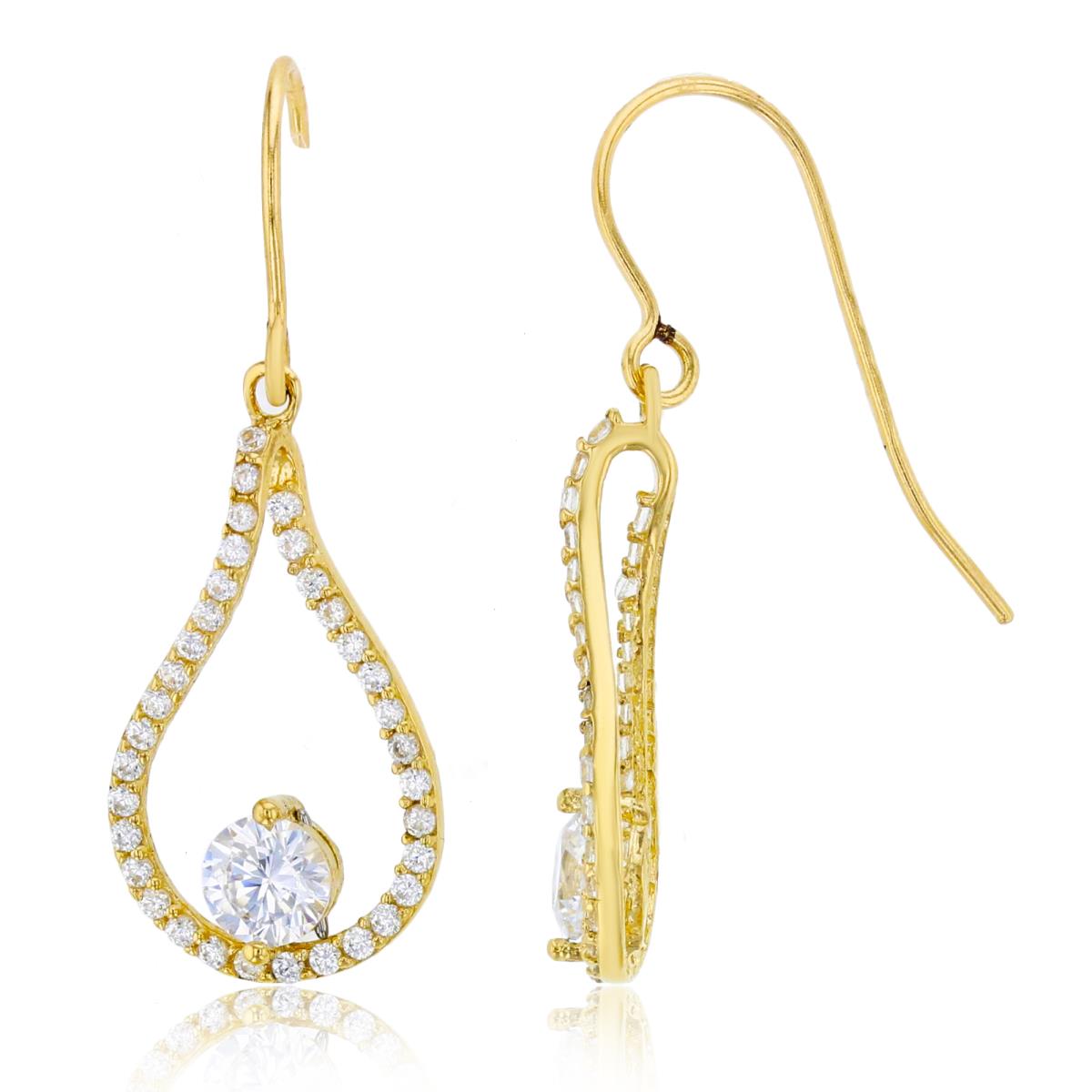 10K Yellow Gold 4mm Round Cut CZ Teardrop Dangling Fish-Hook Earring