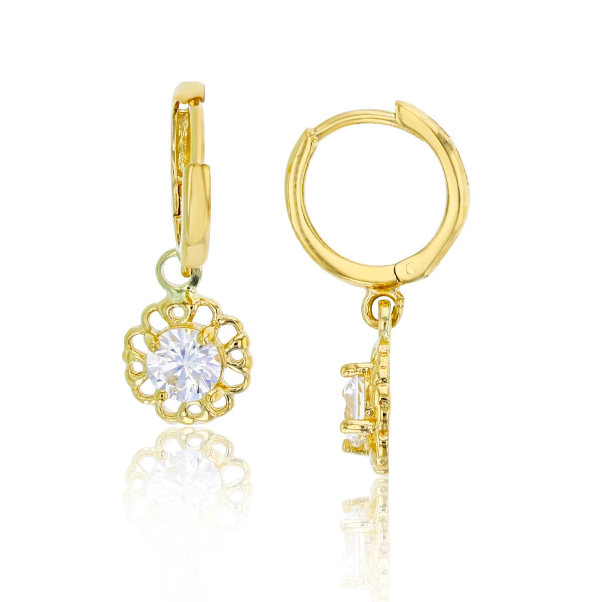 10K Yellow Gold 4.50mm Round Cut CZ Flower Dangling Huggie Earring