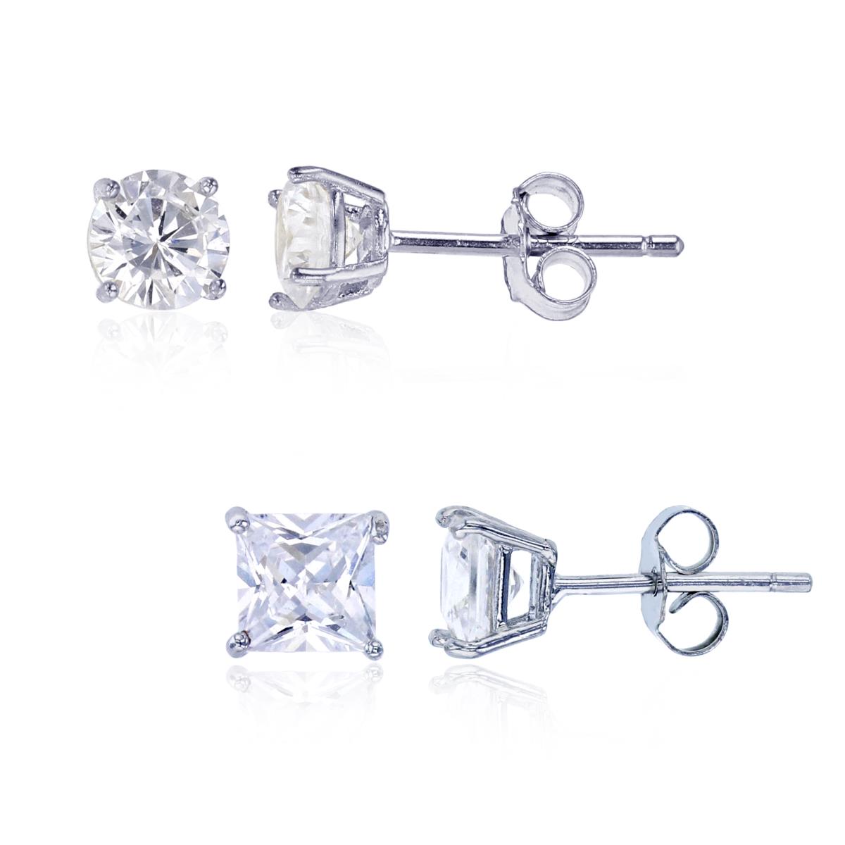 Sterling Silver Rhodium 5x5mm Square & 6.00mm Round AAA Solitaire Stud Earring Set