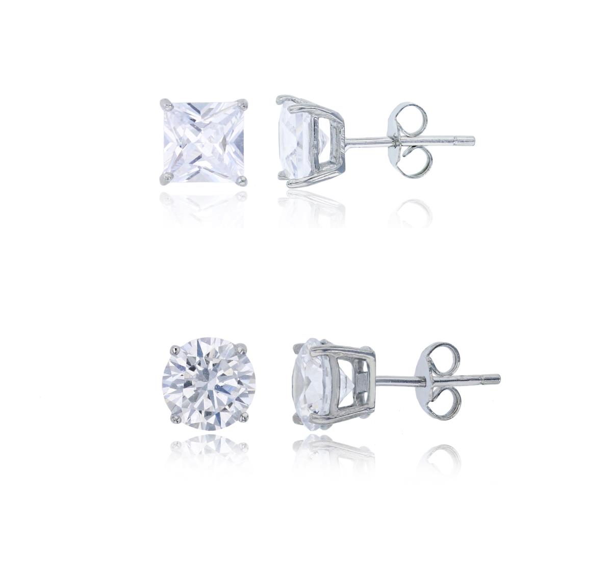 Sterling Silver Rhodium 7.00mm Round & 6x6mm Square AAA Solitaire Stud Earring Set
