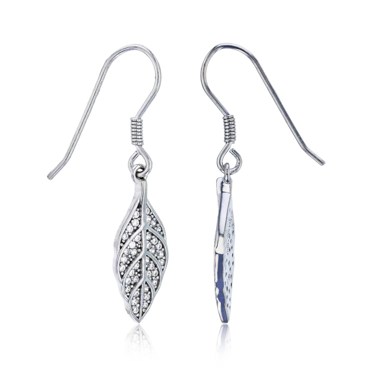 Sterling Silver Rhodium Micropave CZ Leaf Dangling Fish-Hook Earring