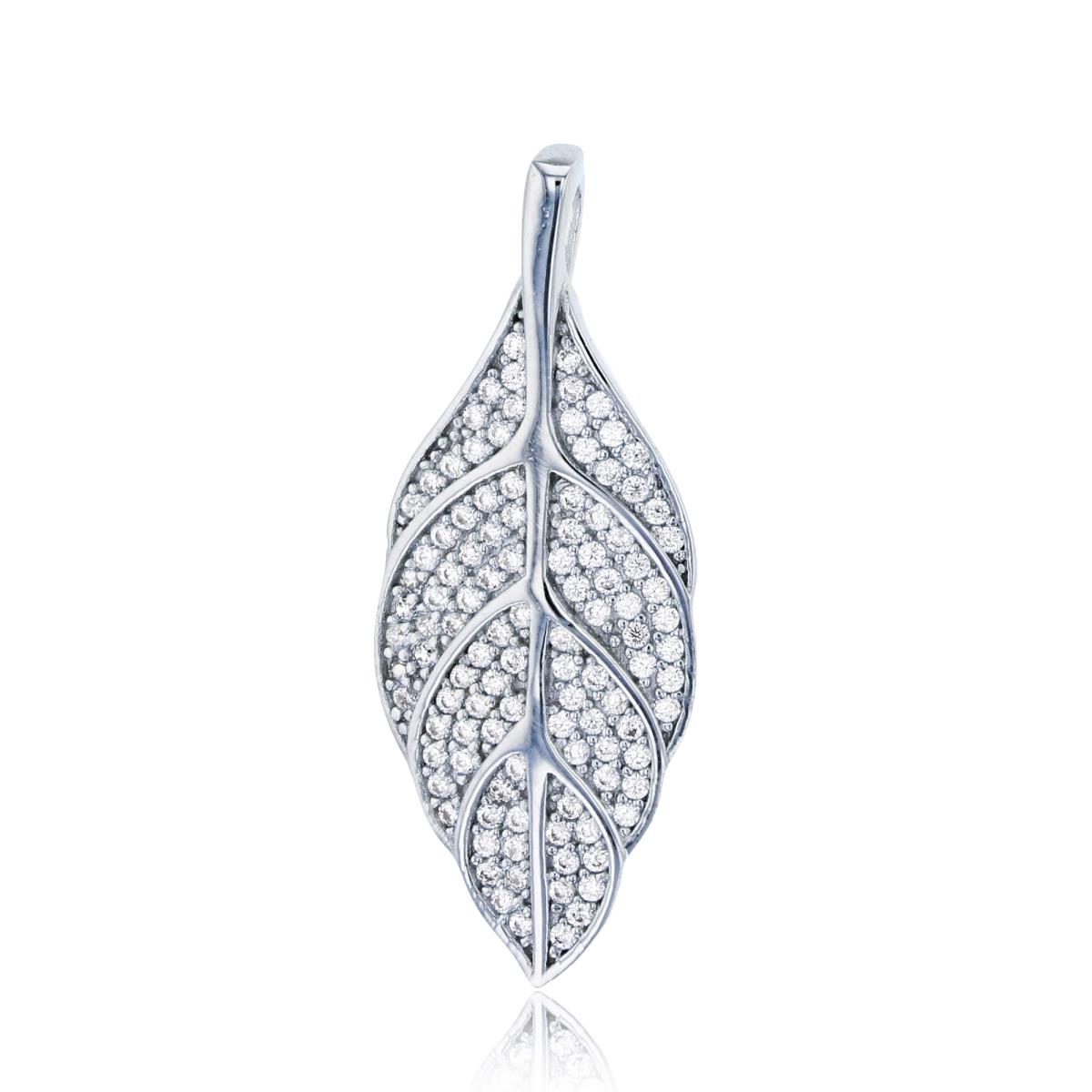 Sterling Silver Rhodium Micropave CZ Leaf Dangling Pendant