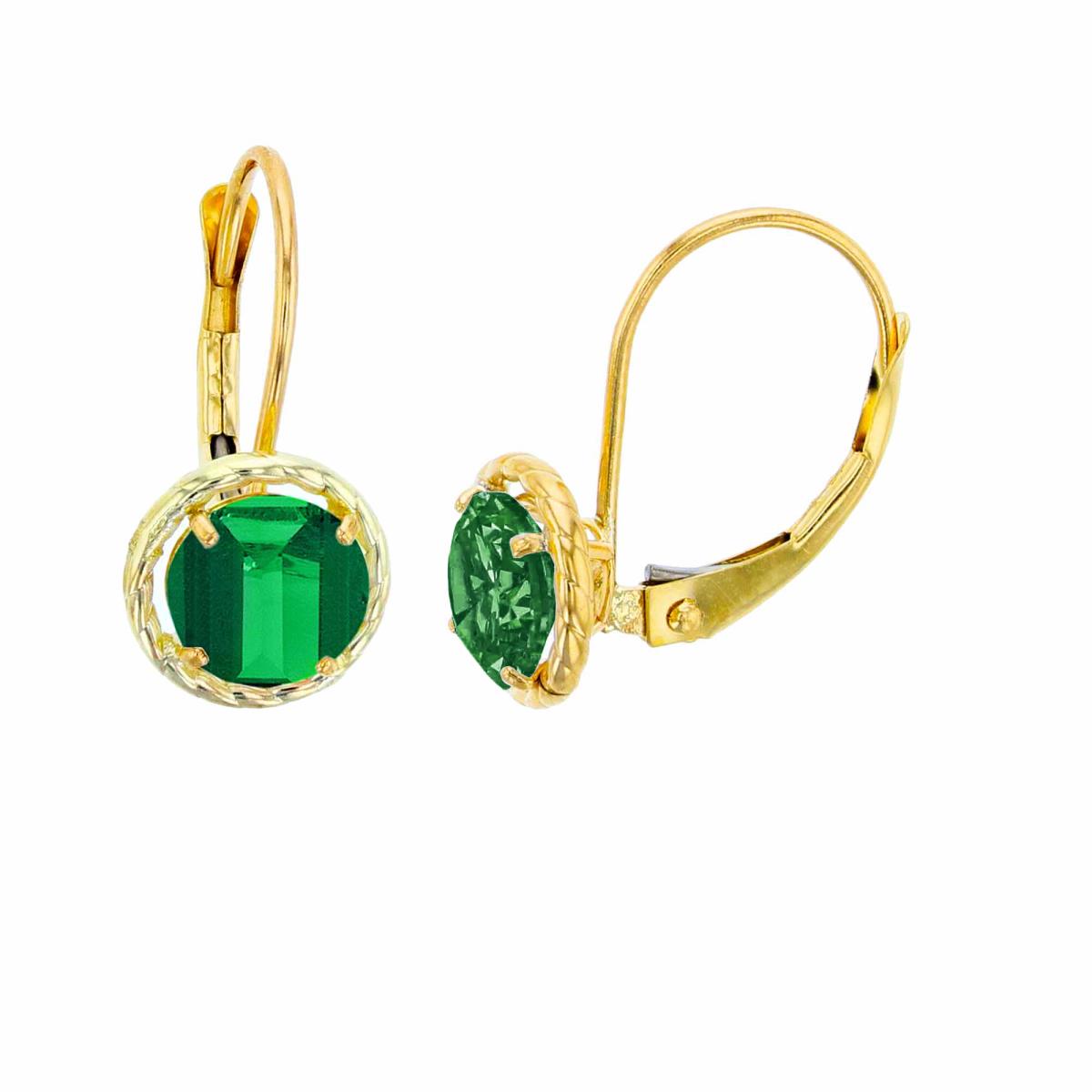 14K Yellow Gold 6mm Rd Created Emerald CS Rope Frame Lever-Back Earring