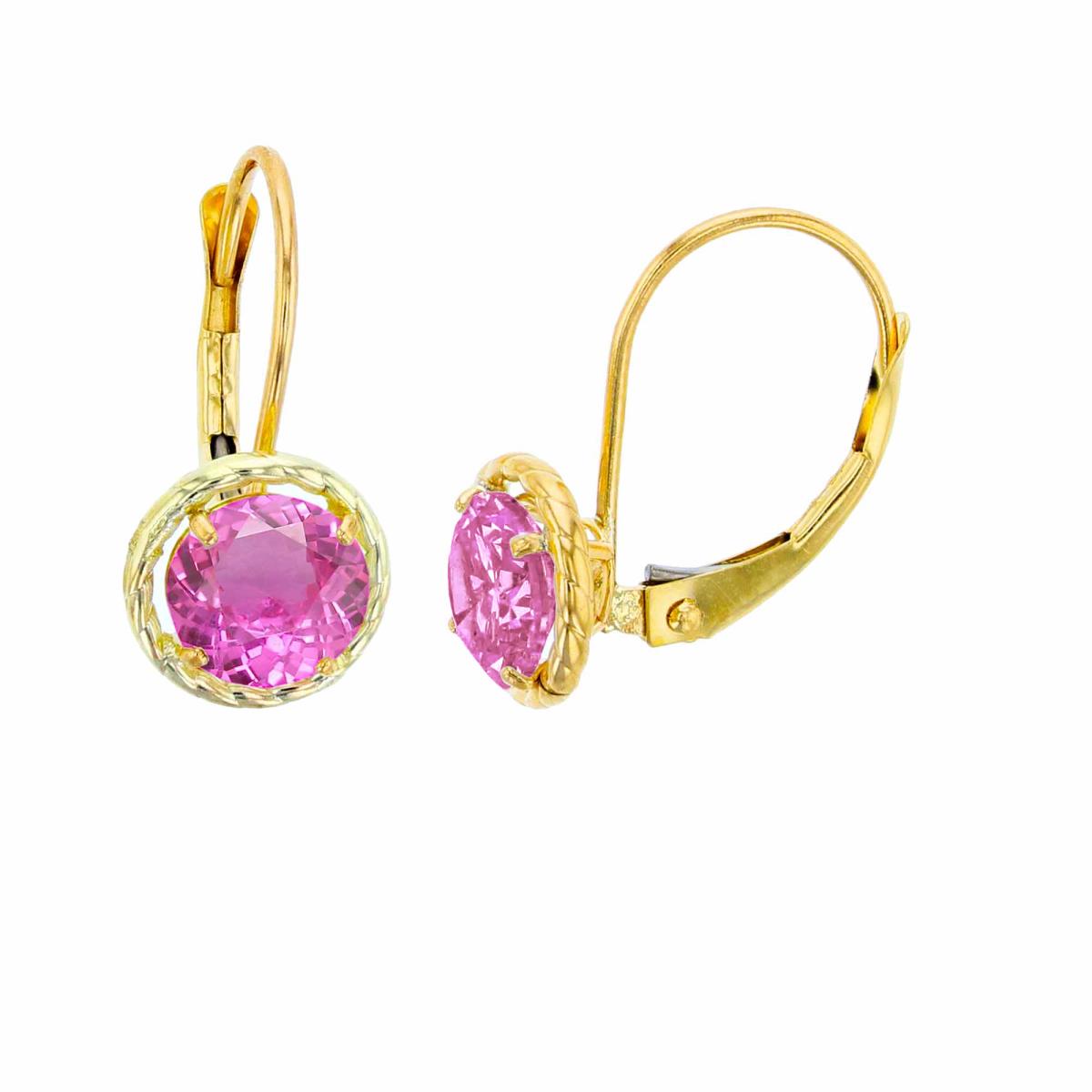 14K Yellow Gold 6mm Rd Created Pink Sapphire CS Rope Frame Lever-Back Earring