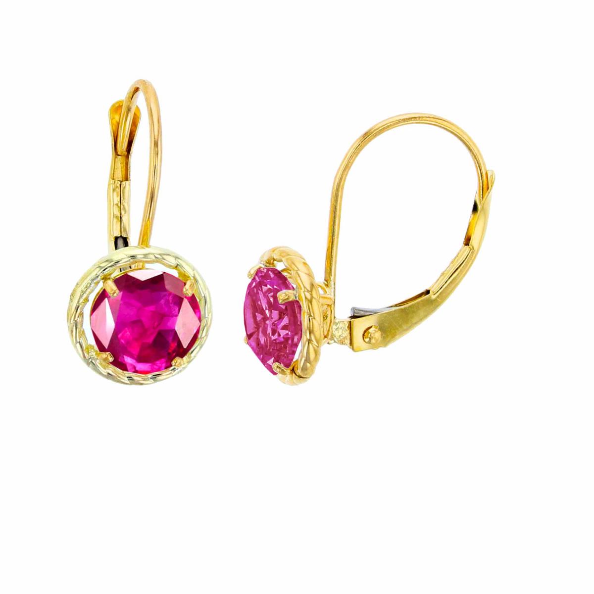 14K Yellow Gold 6mm Rd Created Ruby CS Rope Frame Lever-Back Earring
