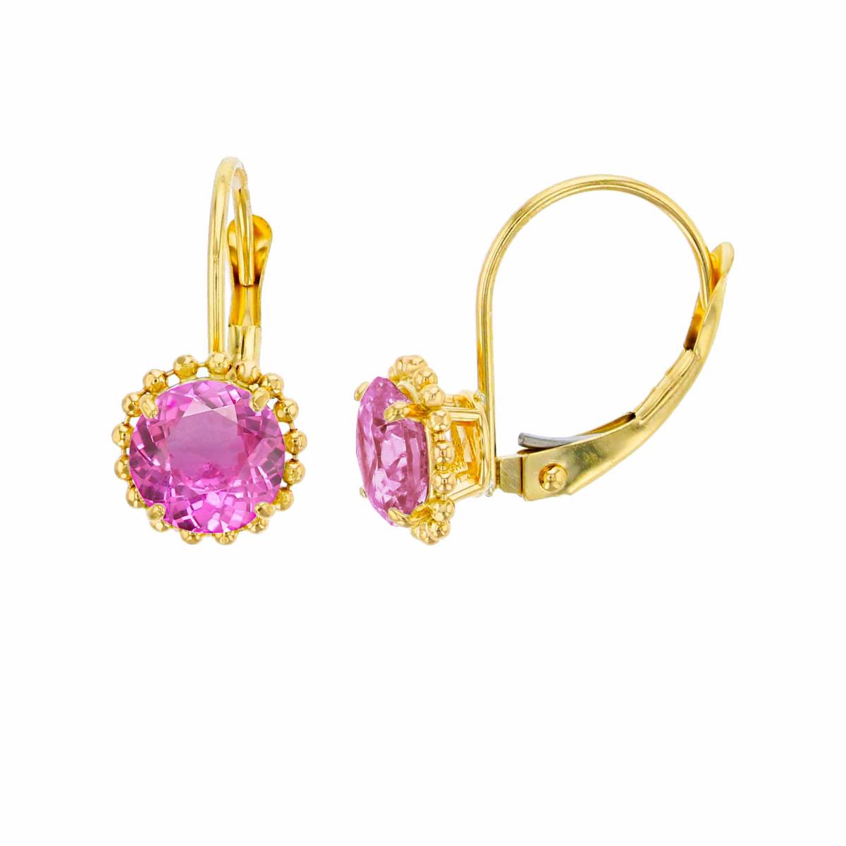 14K Yellow Gold 6mm Rd Created Pink Sapphire CS Bead Frame Lever-Back Earring