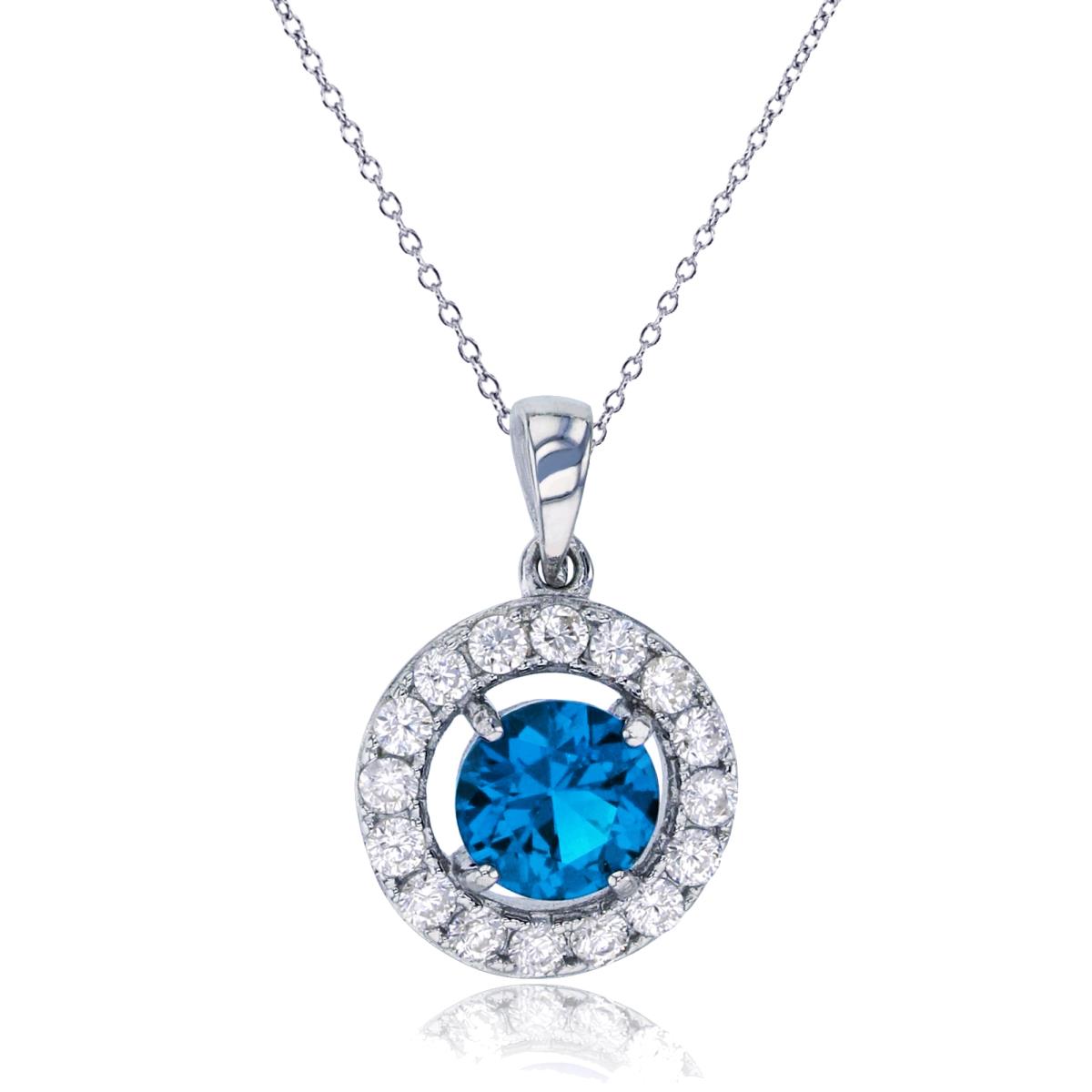 Sterling Silver Rhodium Pave 6mm Rd Swiss Blue CZ Halo 18" Necklace
