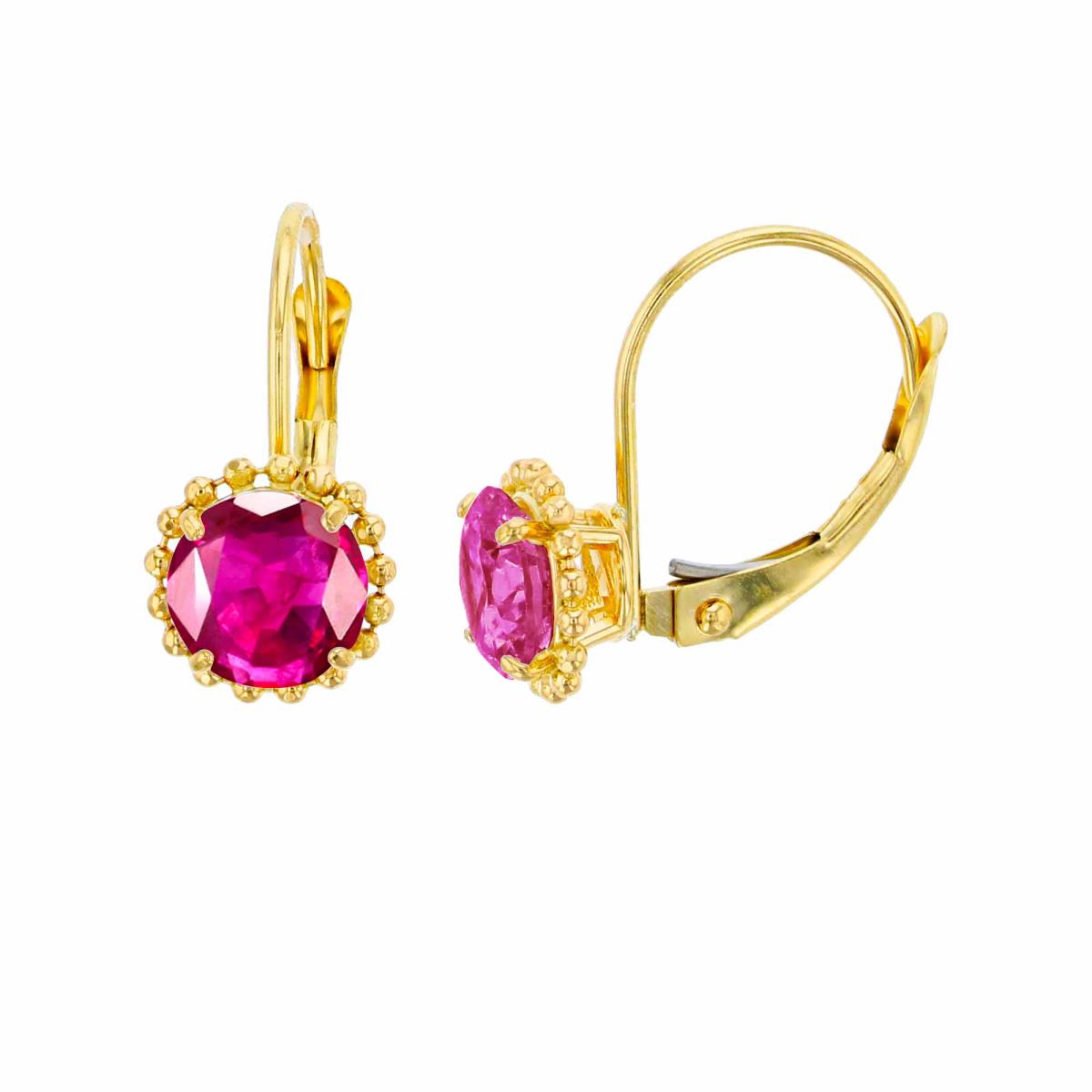 10K Yellow Gold 6mm Rd Created Ruby CS Bead Frame Lever-Back Earring