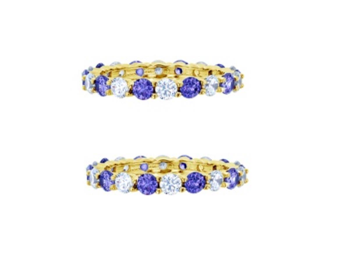 Sterling Silver Yellow 3mm Round Alternating Tanzanite & White CZ Prong Set Eternity Rings (Set Of 2)