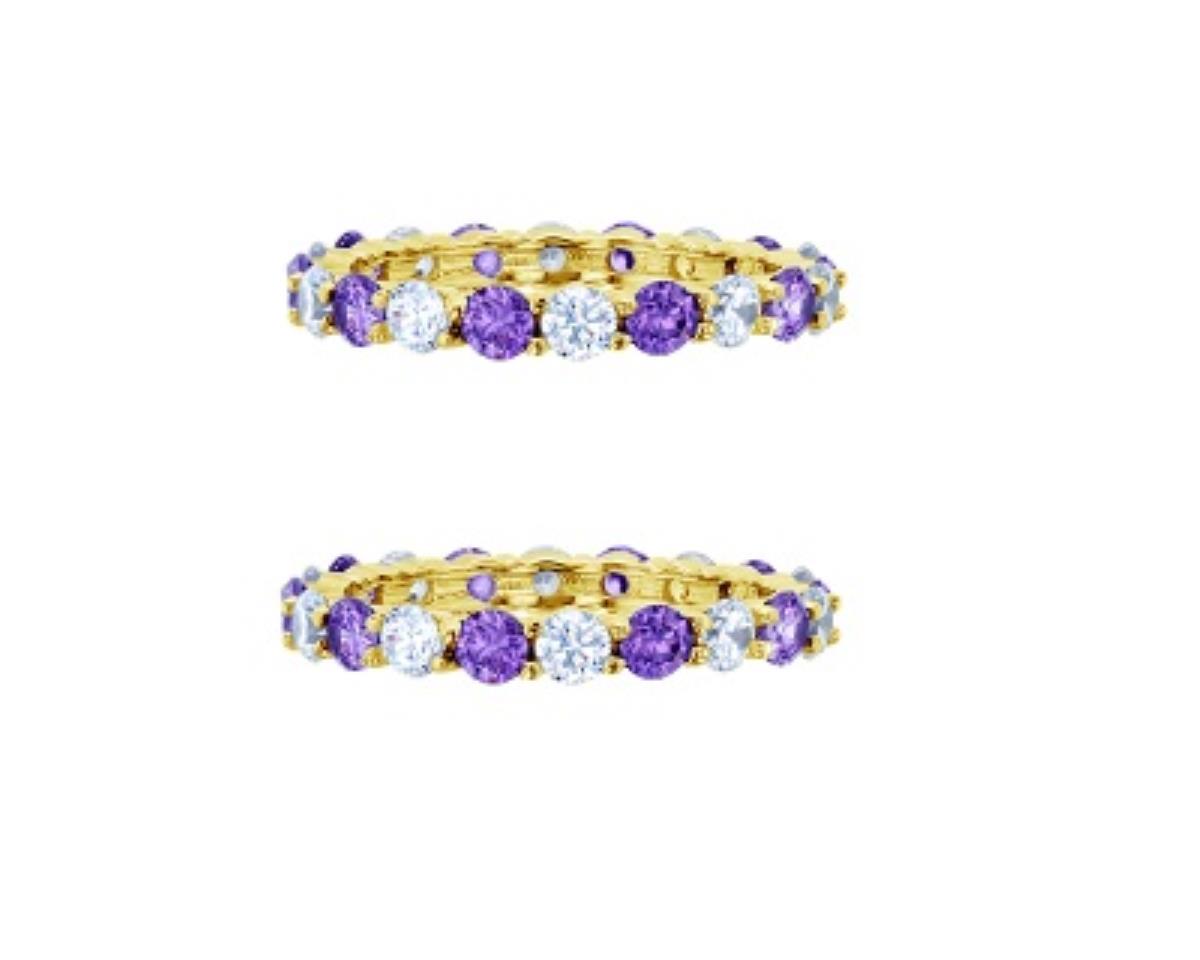 Sterling Silver Yellow 3mm Round Alternating Amethyst & White CZ Prong Set Eternity Rings (Set Of 2)