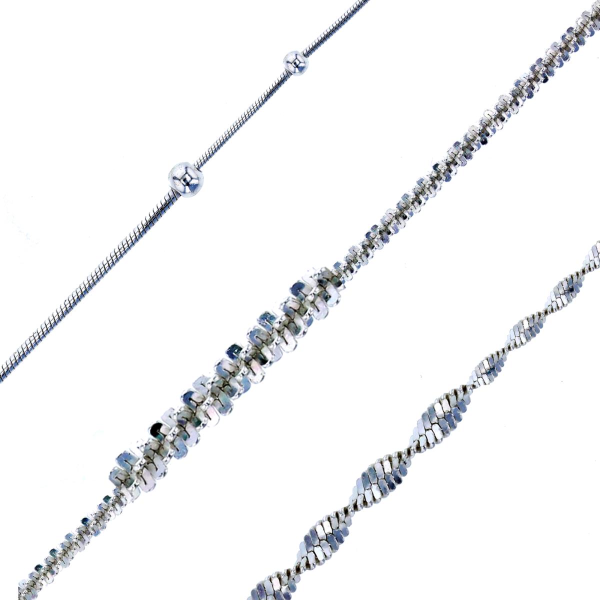 Sterling Silver Silver-Plated 1.50mm Sparkle Glitter, 3.00mm Snake Bead & 2.00mm DC Butterfly 7.5" Chain Bracelets (Set of 3)
