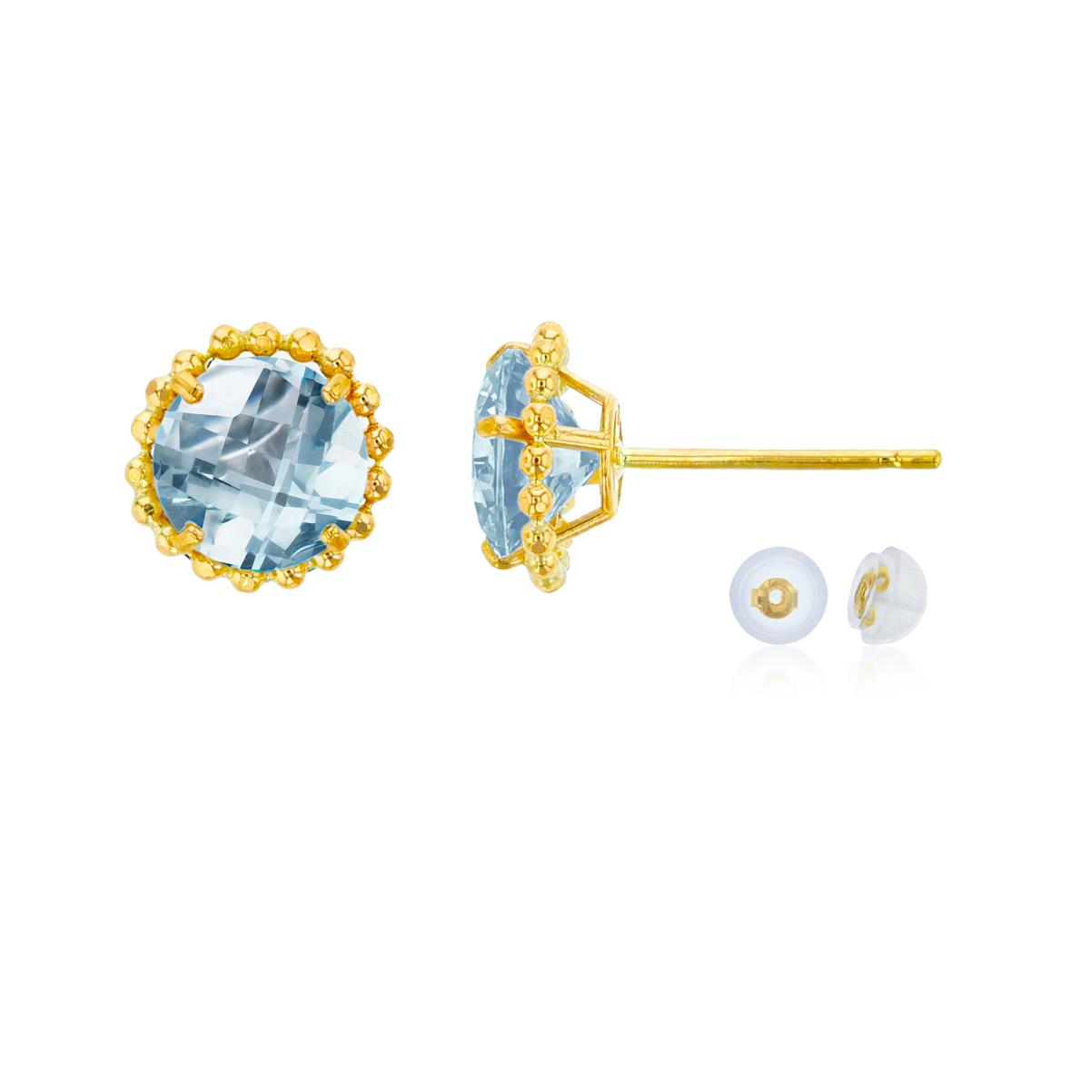10K Yellow Gold 5mm Rd Aquamarine with Bead Frame Stud Earring with Silicone Back