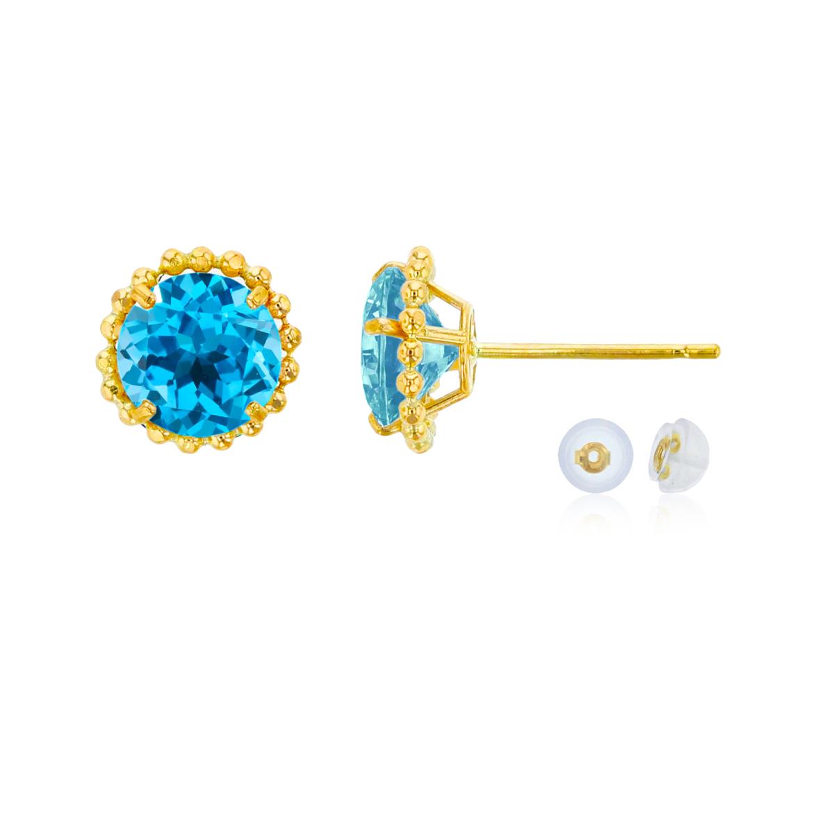 10K Yellow Gold 5mm Rd Swiss Blue Topaz with Bead Frame Stud Earring with Silicone Back